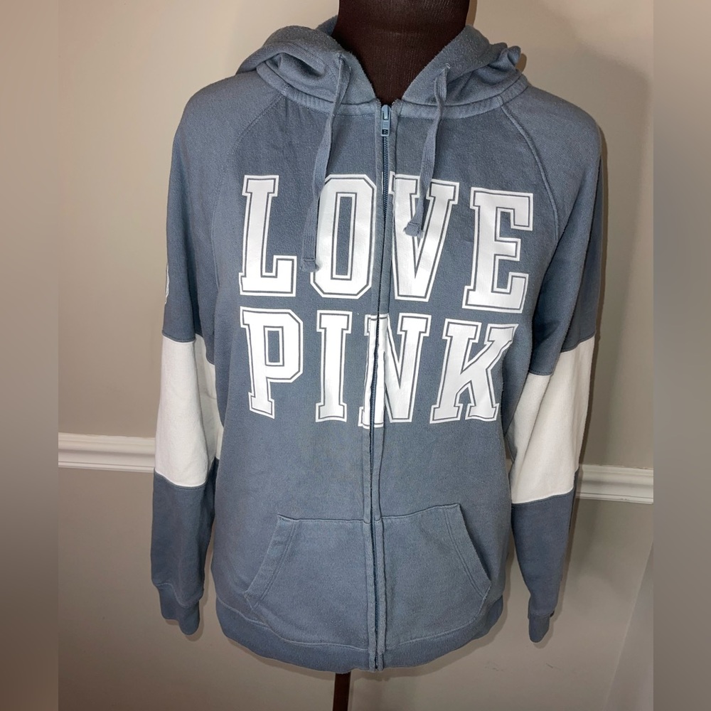 PINK‎ VS Womens Zip Up Hooded Blue/Gray Sweatshirt sz XS